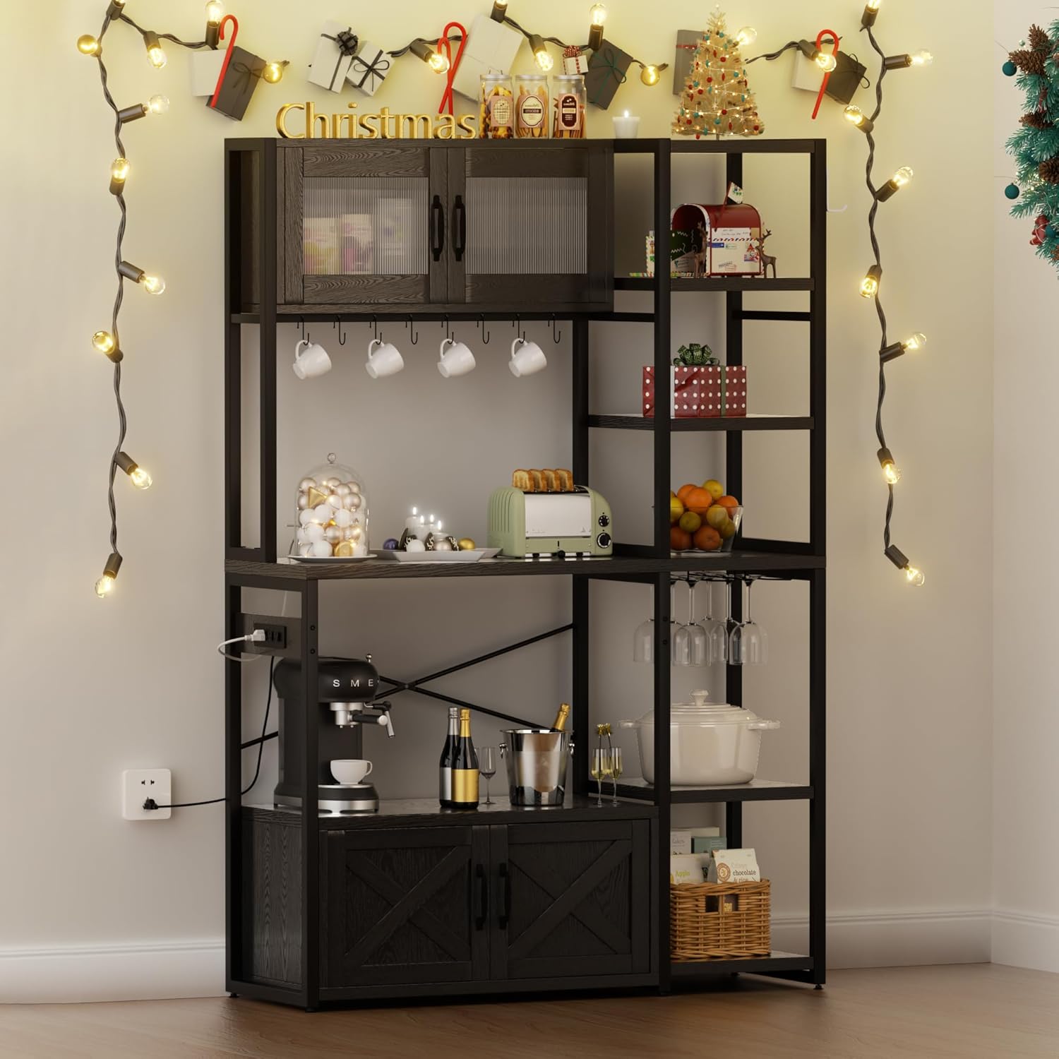 Bakers Rack with Storage Cabinet, 5-Tier Coffee Bar with Power Outlet and LED Lights, Industrial Microwave Oven Stand with Shelves, Kitchen Storage Shelf, Black