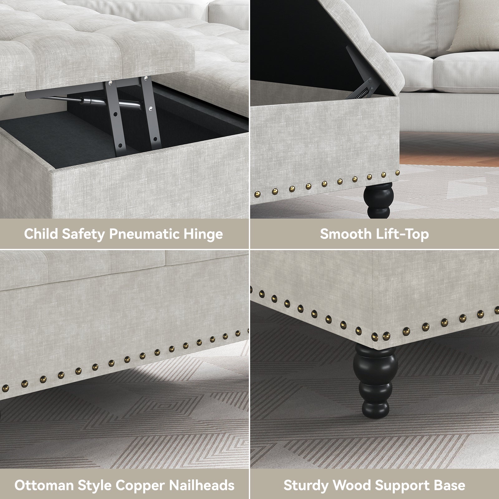 Versatile Lift-Top Ottoman, Multi-Function Storage Bench and Coffee Table in Chenille for Living Room or Bedroom, Easy-to-Assemble, Pure White