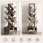 49" Rotating Tree Bookshelf, 7 Tier Double Sided Shelf, Wood Corner Bookshelf with Wheels, 360 Display Spinning Bookcase Storage Rack, Ideal for Small Rooms, Easy Assembly, Rustic Brown