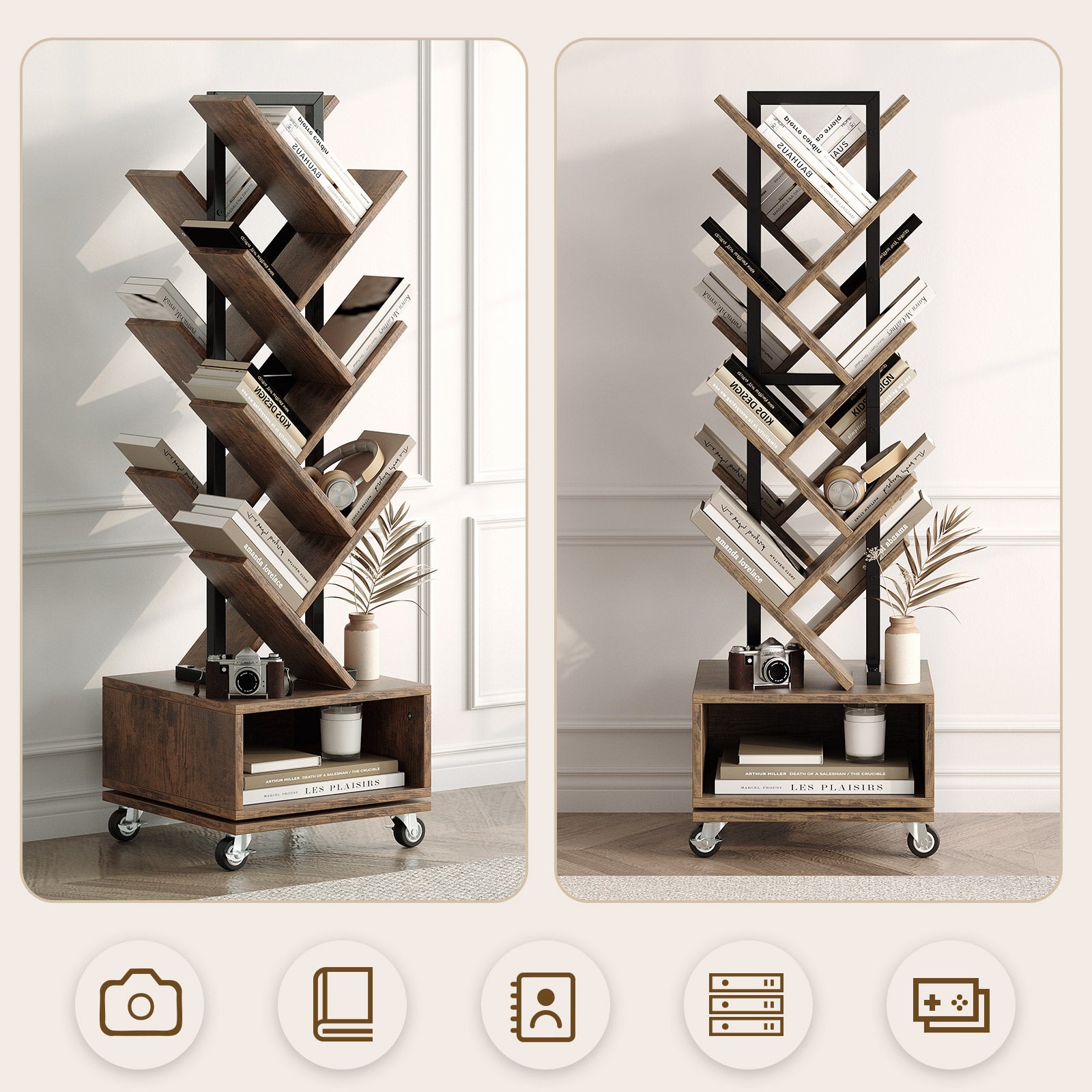 49" Rotating Tree Bookshelf, 7 Tier Double Sided Shelf, Wood Corner Bookshelf with Wheels, 360 Display Spinning Bookcase Storage Rack, Ideal for Small Rooms, Easy Assembly, Rustic Brown