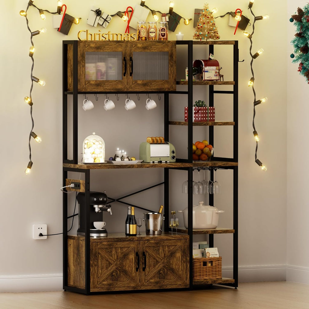 69 Inch Bakers Rack with Storage Cabinet, 5-Tier Coffee Bar with Power Outlet and LED Lights, Industrial Microwave Oven Stand with Shelves, Kitchen Storage Shelf, Rustic Brown