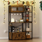 69 Inch Bakers Rack with Storage Cabinet, 5-Tier Coffee Bar with Power Outlet and LED Lights, Industrial Microwave Oven Stand with Shelves, Kitchen Storage Shelf, Rustic Brown