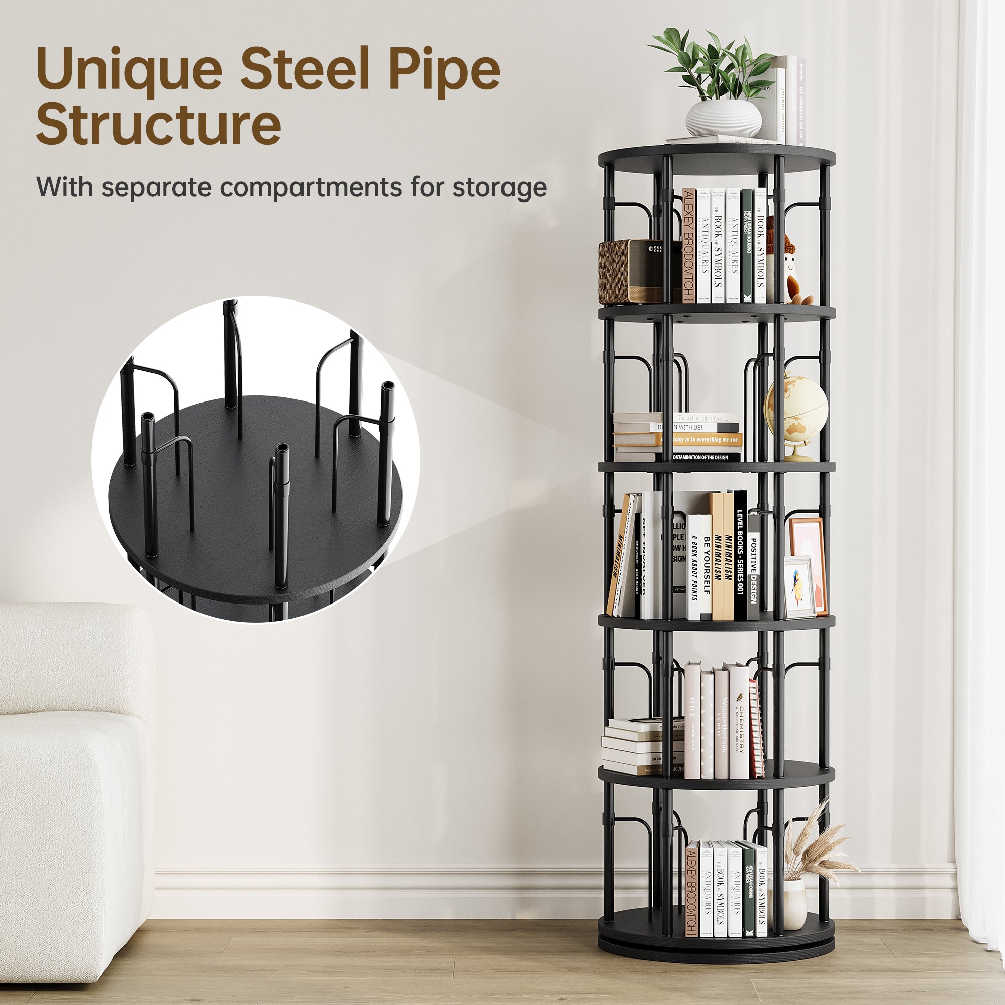 5 Tier Rotating Bookshelf Tower, 360° Spinning Bookcase, Vertical Floor Standing Revolving Bookshelf Organizer for Small Spaces, Corner, Living Room, Bedroom, Black