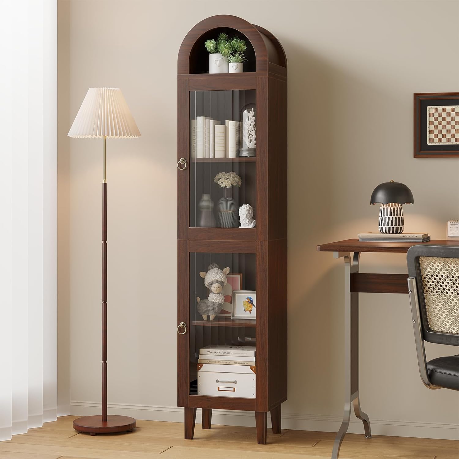 71" Tall Arched Storage Cabinet with Glass Door, Display Cabinet with Top-Opening Storage Container, Kitchen Versatile Pantry, Brown