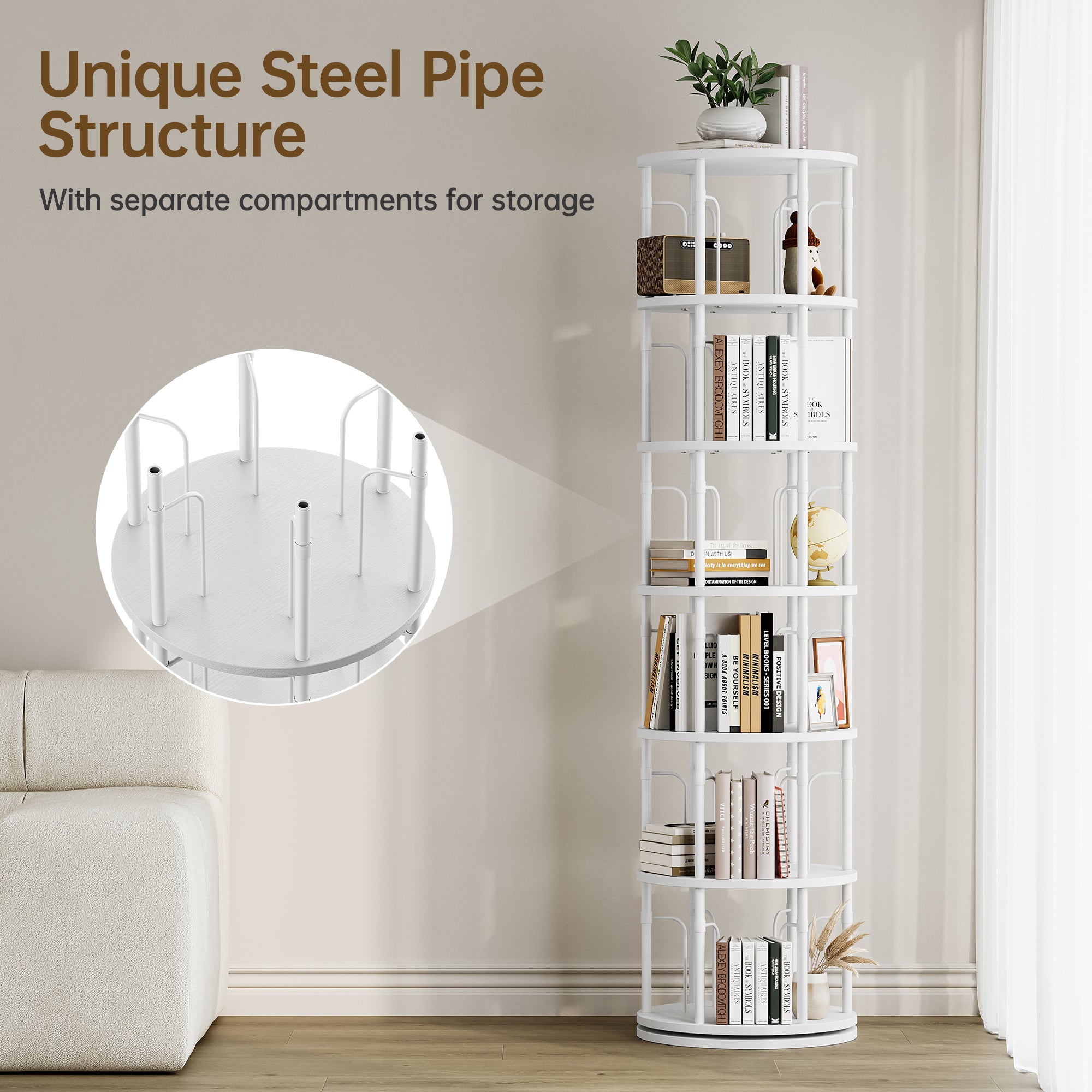 6 Tier Rotating Bookshelf Tower, 360° Spinning Bookcase, Vertical Floor Standing Revolving Bookshelf Organizer for Small Spaces, Corner, Living Room, Bedroom, White