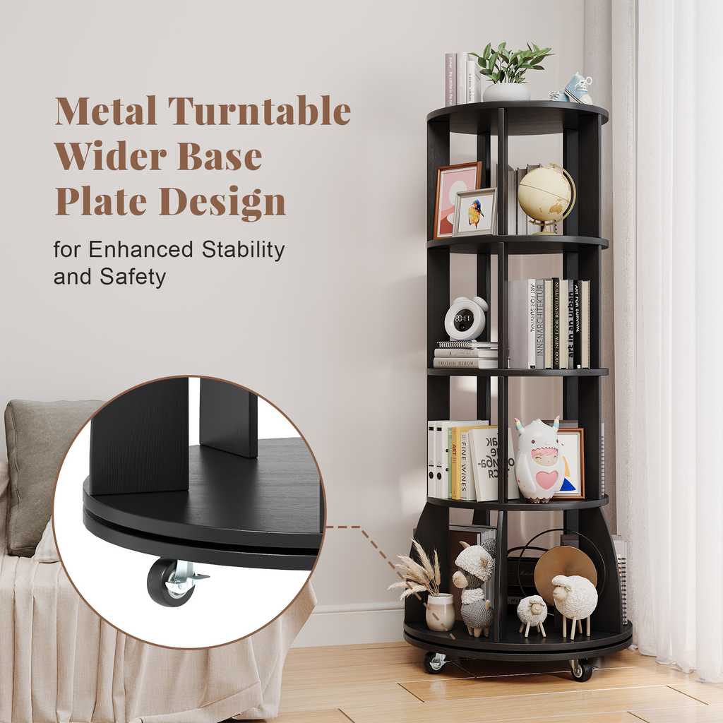 4 Tier Rotating Bookshelf with Brake Wheels, 360° Spinning Bookcase, Vertical Floor Standing Revolving Bookshelf Organizer for Small Spaces, Corner, Living Room, Bedroom, Black
