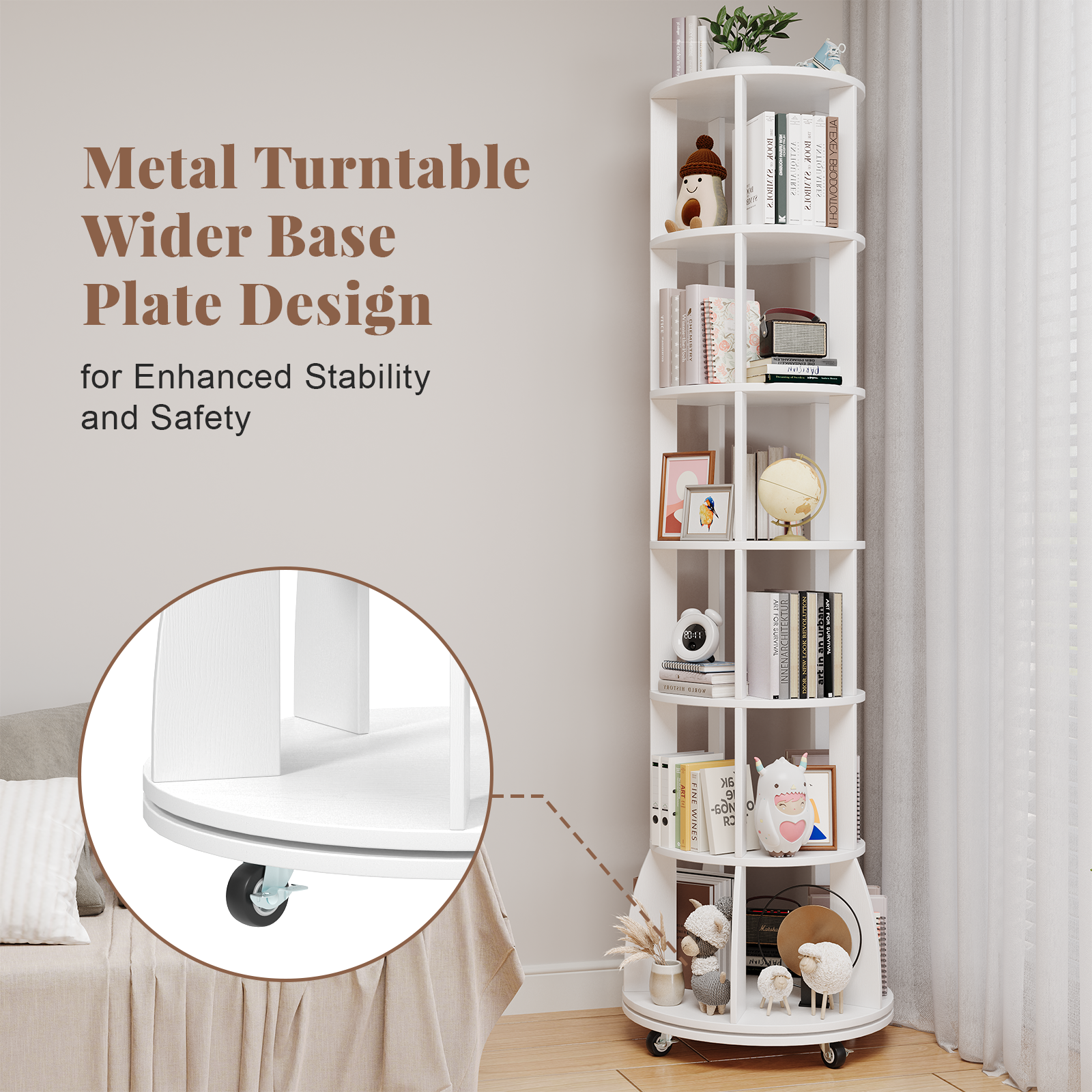 6 Tier Rotating Bookshelf with Locking Casters, 360° Spinning Vertical Bookcase, Revolving Floor Standing Organizer for Small Spaces, Corner, Living Room, Bedroom, White