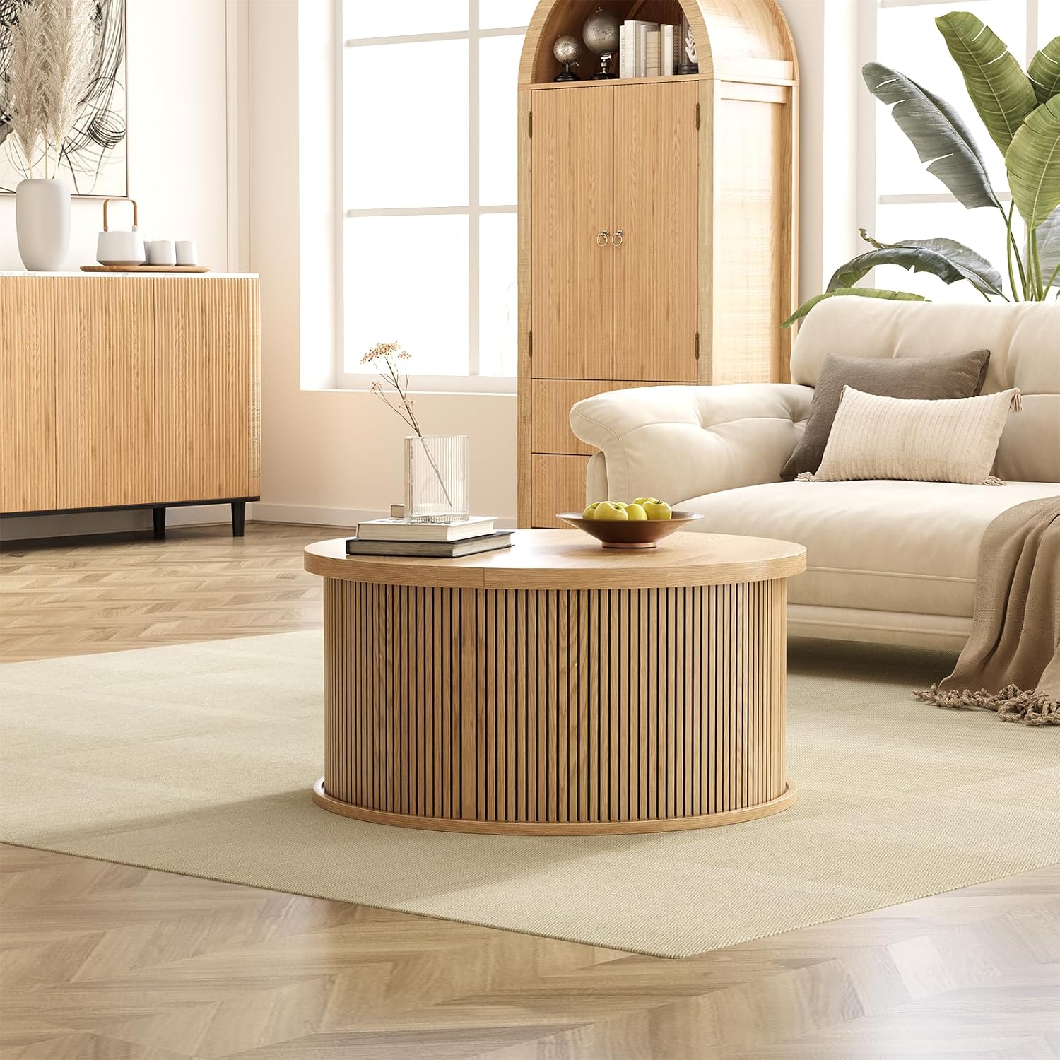 Round Coffee Table with Storage, 31.5" Lift Top Center Table with Gas Strut, Fluted Farmhouse Drum with 2 Hidden Compartments, Mid Century Modern Wood Circle Table for Living Room (Natural)