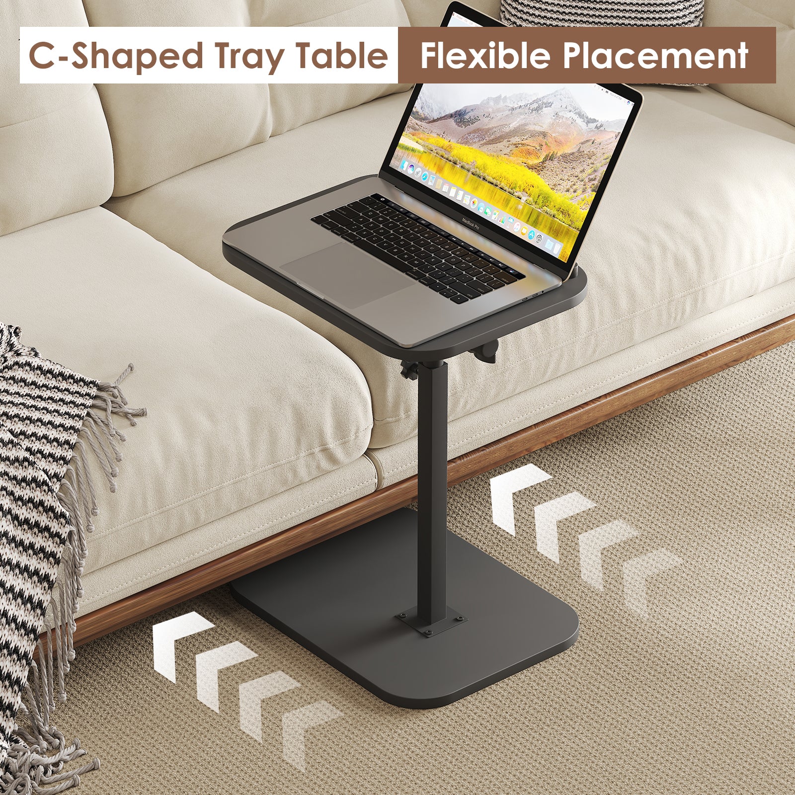 Sofa Couch Arm Table Tv Tray Small Bed Stand C Shaped Side End Tables for Living Room, Bedroom, Bedside Black