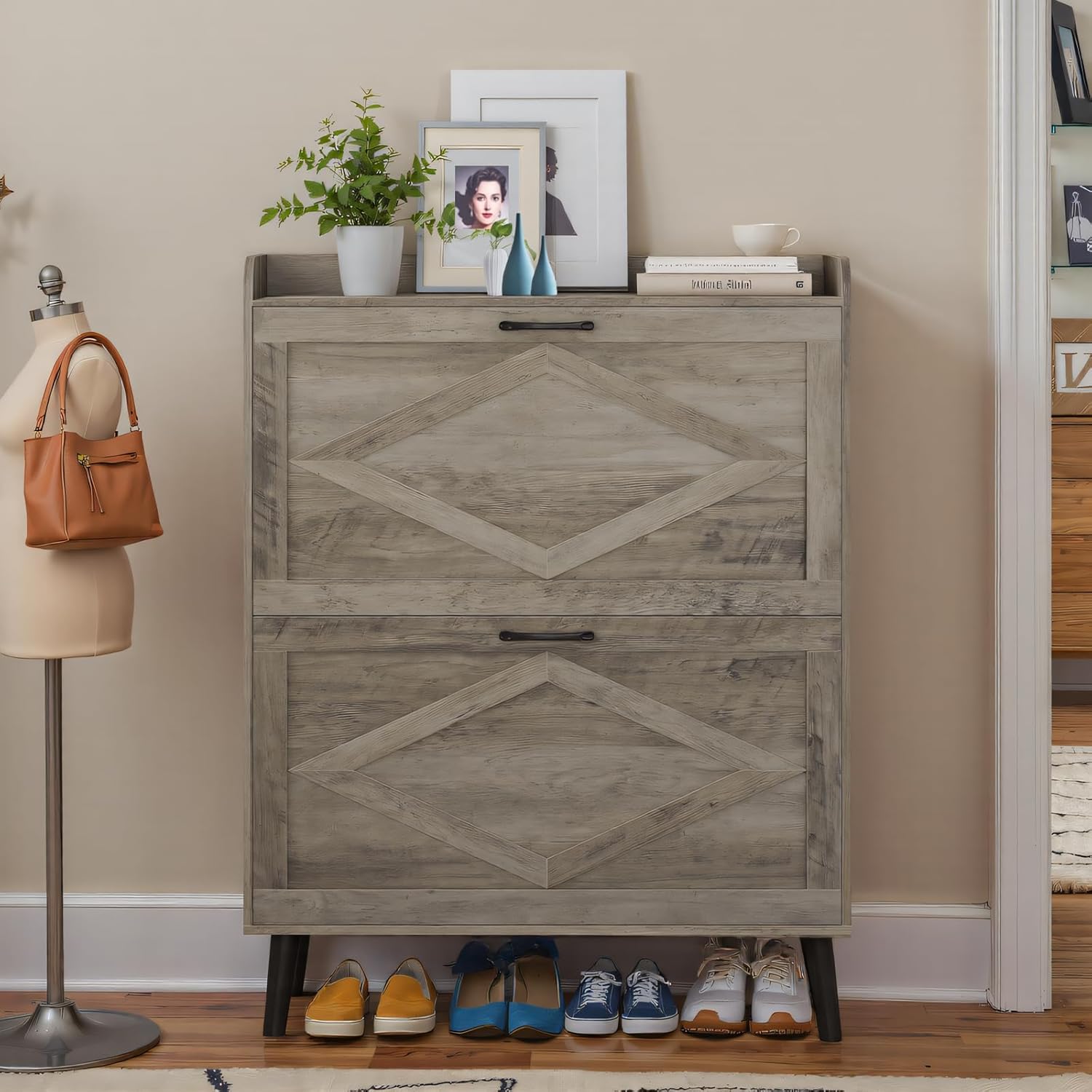 3-Tier Shoe Rack Organizer Entryway, Shoe Storage Cabinet with 2 Flip Drawers, Open Shelves, for Hallway, Grey