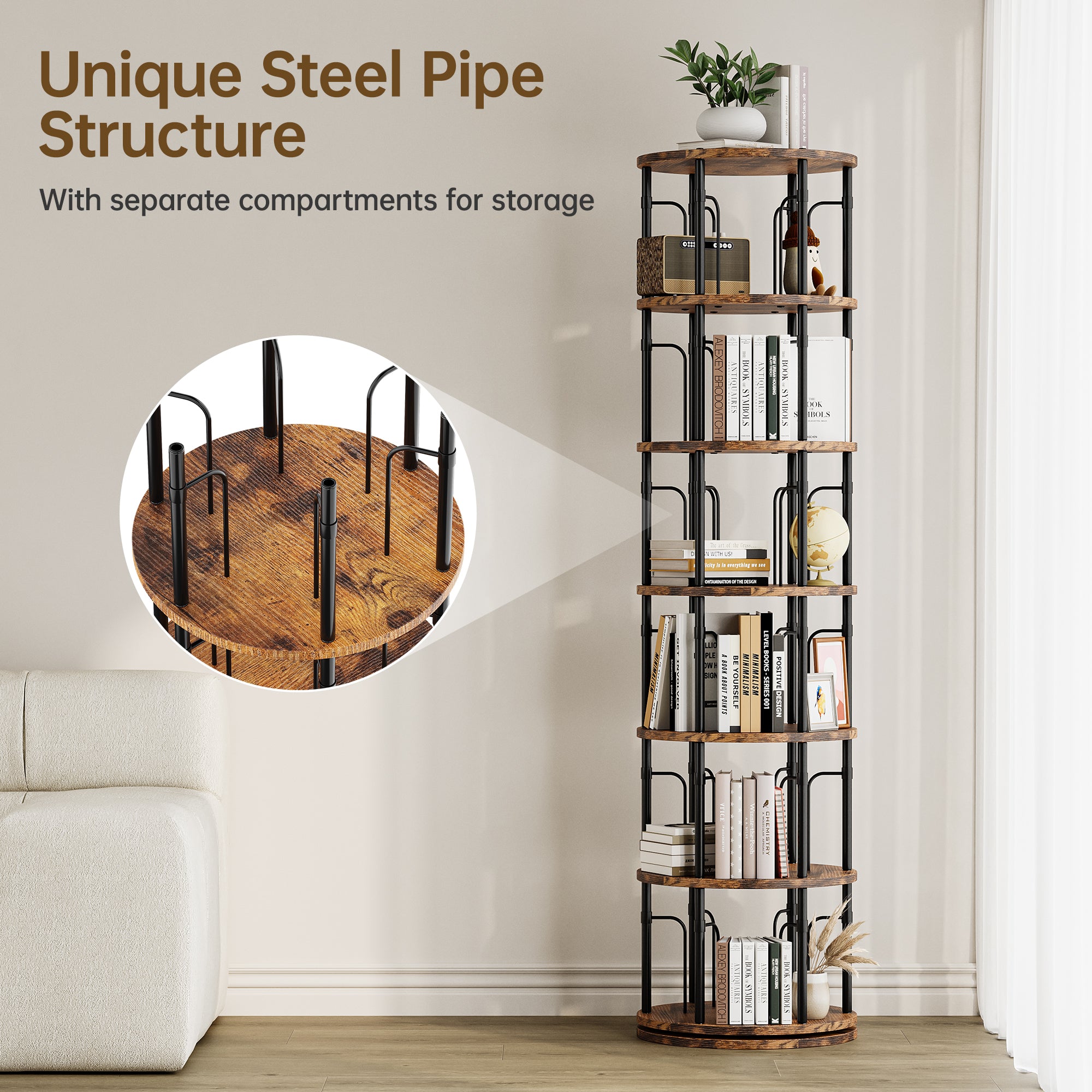 6 Tier Rotating Bookshelf Tower, 360° Spinning Bookcase, Vertical Floor Standing Revolving Bookshelf Organizer for Small Spaces, Corner, Living Room, Bedroom, Rustic Brown