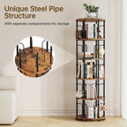 5 Tier Rotating Bookshelf Tower, 360° Spinning Bookcase, Vertical Floor Standing Revolving Bookshelf Organizer for Small Spaces, Corner, Living Room, Bedroom, Rustic Brown