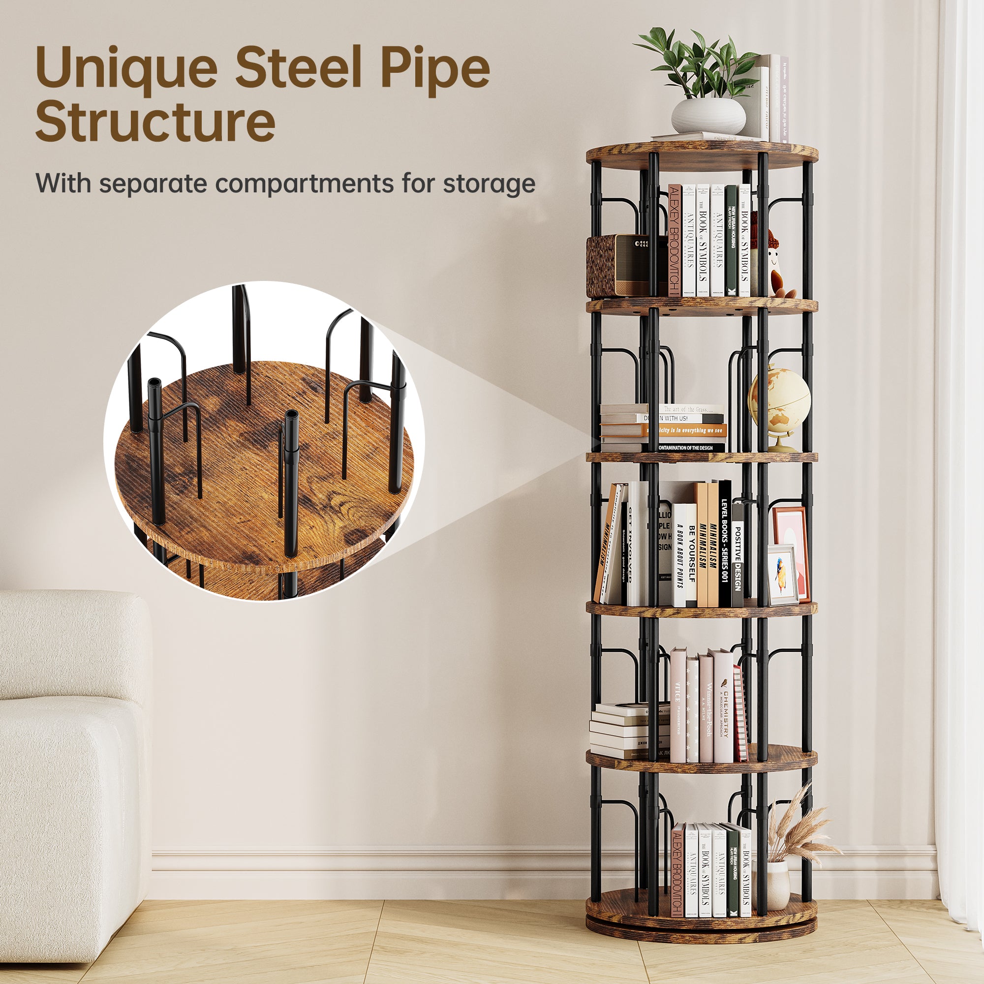5 Tier Rotating Bookshelf Tower, 360° Spinning Bookcase, Vertical Floor Standing Revolving Bookshelf Organizer for Small Spaces, Corner, Living Room, Bedroom, Rustic Brown