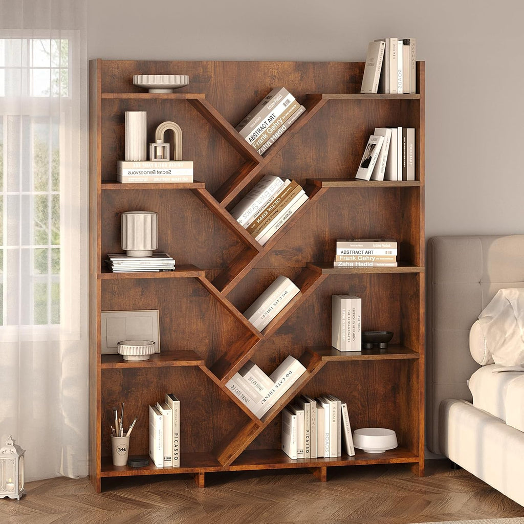 5-Tier Large Wooden Tree Bookshelf, 71" Tall Bookcase Organizer, Storage Rack with Open Shelves for Living Room, Bedroom, Home Office, Rustic Brown