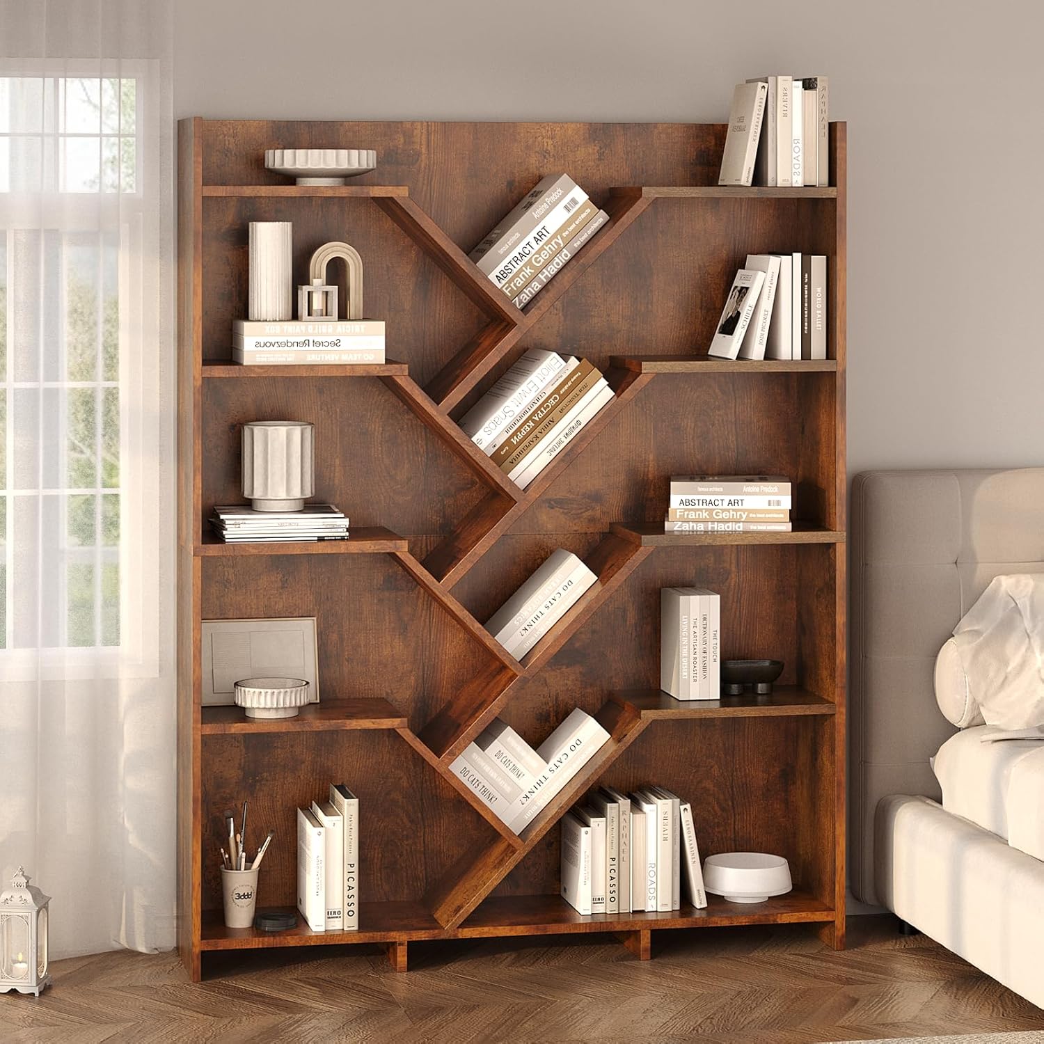 5-Tier Large Wooden Tree Bookshelf, 71" Tall Bookcase Organizer, Storage Rack with Open Shelves for Living Room, Bedroom, Home Office, Rustic Brown