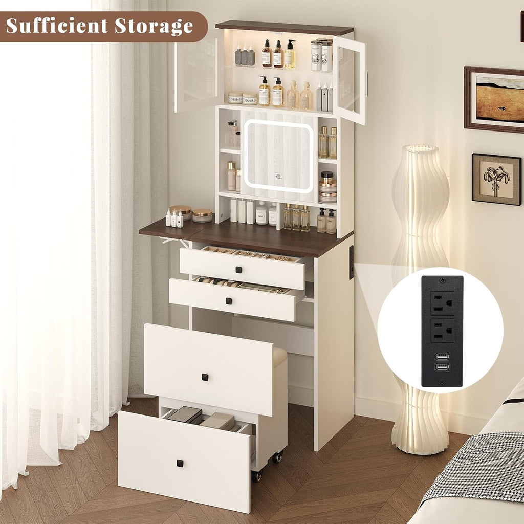 3 in 1 Small Vanity Desk with Mirror and Light, Makeup Vanity Table with Drawers for Small Space, Compact Mini Corner Vanity Set Dressing Table