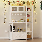 Bakers Rack with Storage Cabinet, 5-Tier Coffee Bar with Power Outlet and LED Lights, Industrial Microwave Oven Stand with Shelves, Kitchen Storage Shelf, White