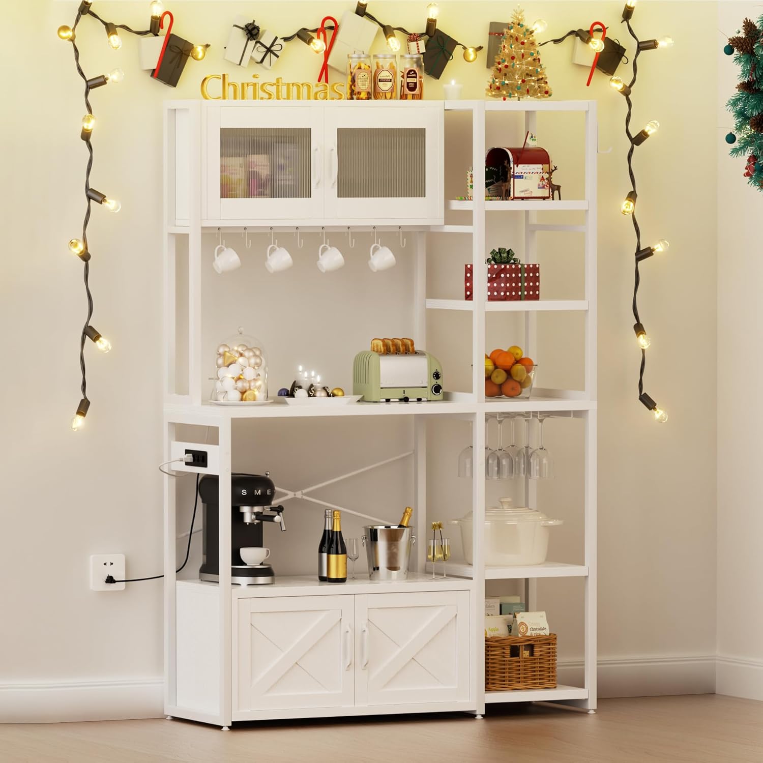 Bakers Rack with Storage Cabinet, 5-Tier Coffee Bar with Power Outlet and LED Lights, Industrial Microwave Oven Stand with Shelves, Kitchen Storage Shelf, White