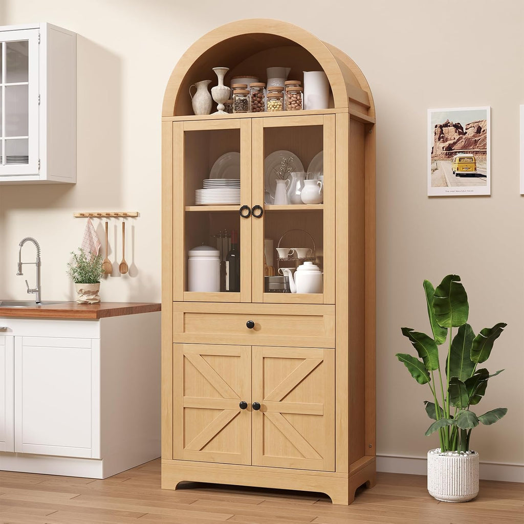 71" Tall Farmhouse Arched Storage Cabinet with Glass Door, Drawer and Barn Door, Versatile Pantry for Kitchen, Dining Room, Bathroom, Natural