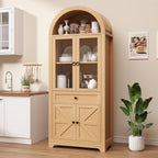 71" Tall Farmhouse Arched Storage Cabinet with Glass Door, Drawer and Barn Door, Versatile Pantry for Kitchen, Dining Room, Bathroom, Natural