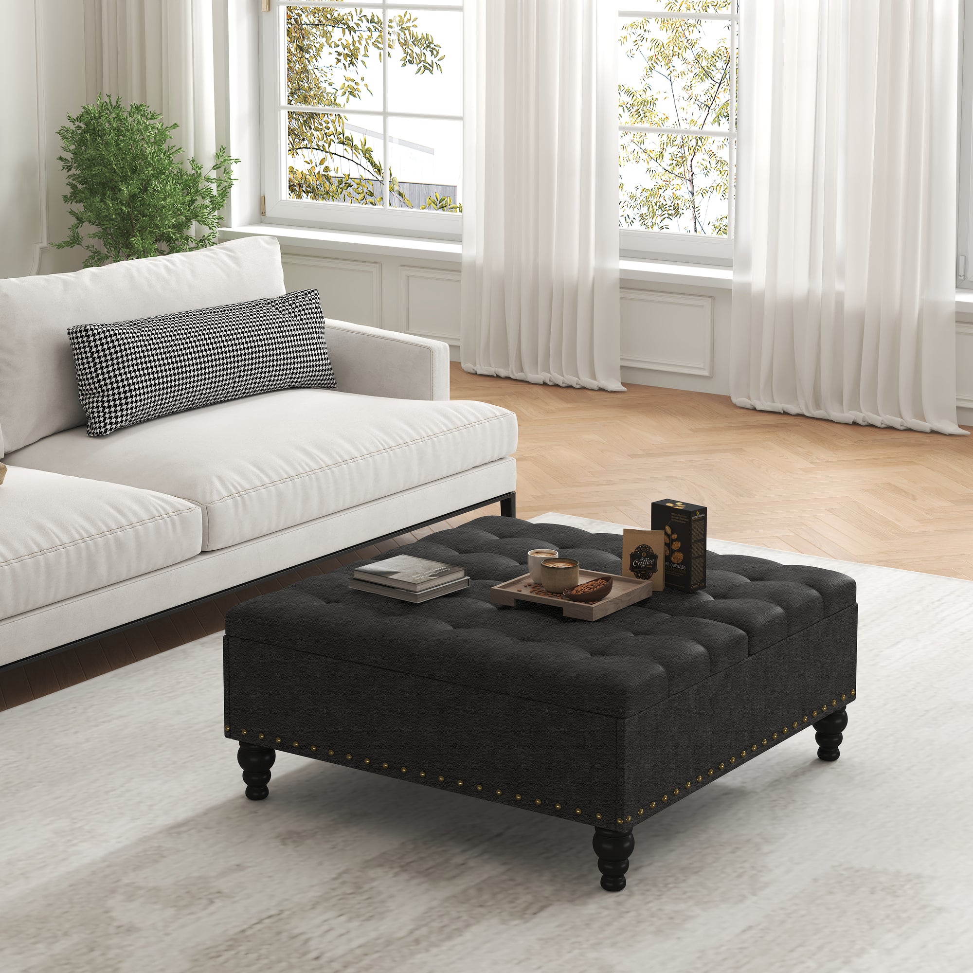 Versatile Lift-Top Ottoman, Multi-Function Storage Bench and Coffee Table in Chenille for Living Room or Bedroom, Easy-to-Assemble, Black