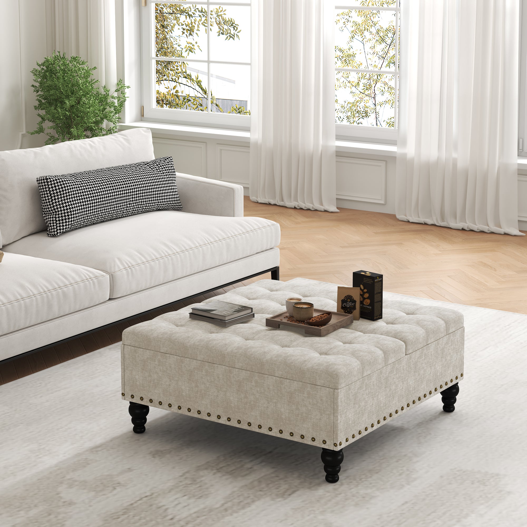 Versatile Lift-Top Ottoman, Multi-Function Storage Bench and Coffee Table in Chenille for Living Room or Bedroom, Easy-to-Assemble, Pure White
