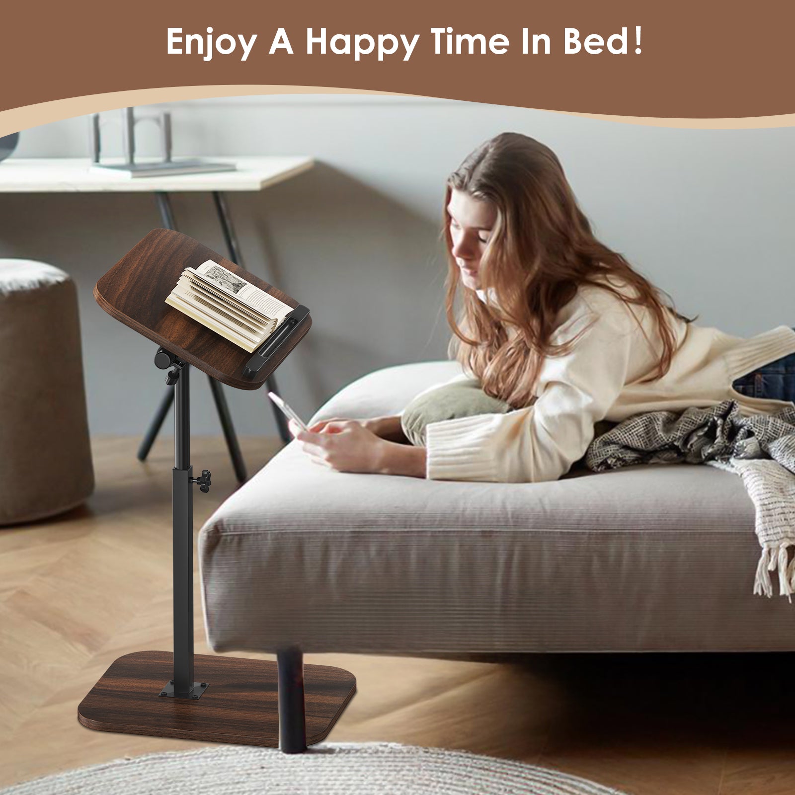 Sofa Couch Arm Table Tv Tray Small Bed Stand C Shaped Side End Tables for Living Room, Bedroom, Bedside Walnut