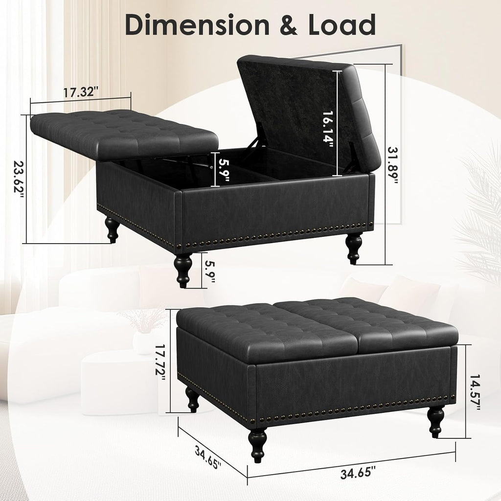 Versatile Lift-Top Ottoman, Multi-Function Storage Bench and Coffee Table in Leather for Living Room or Bedroom, Easy-to-Assemble, Black