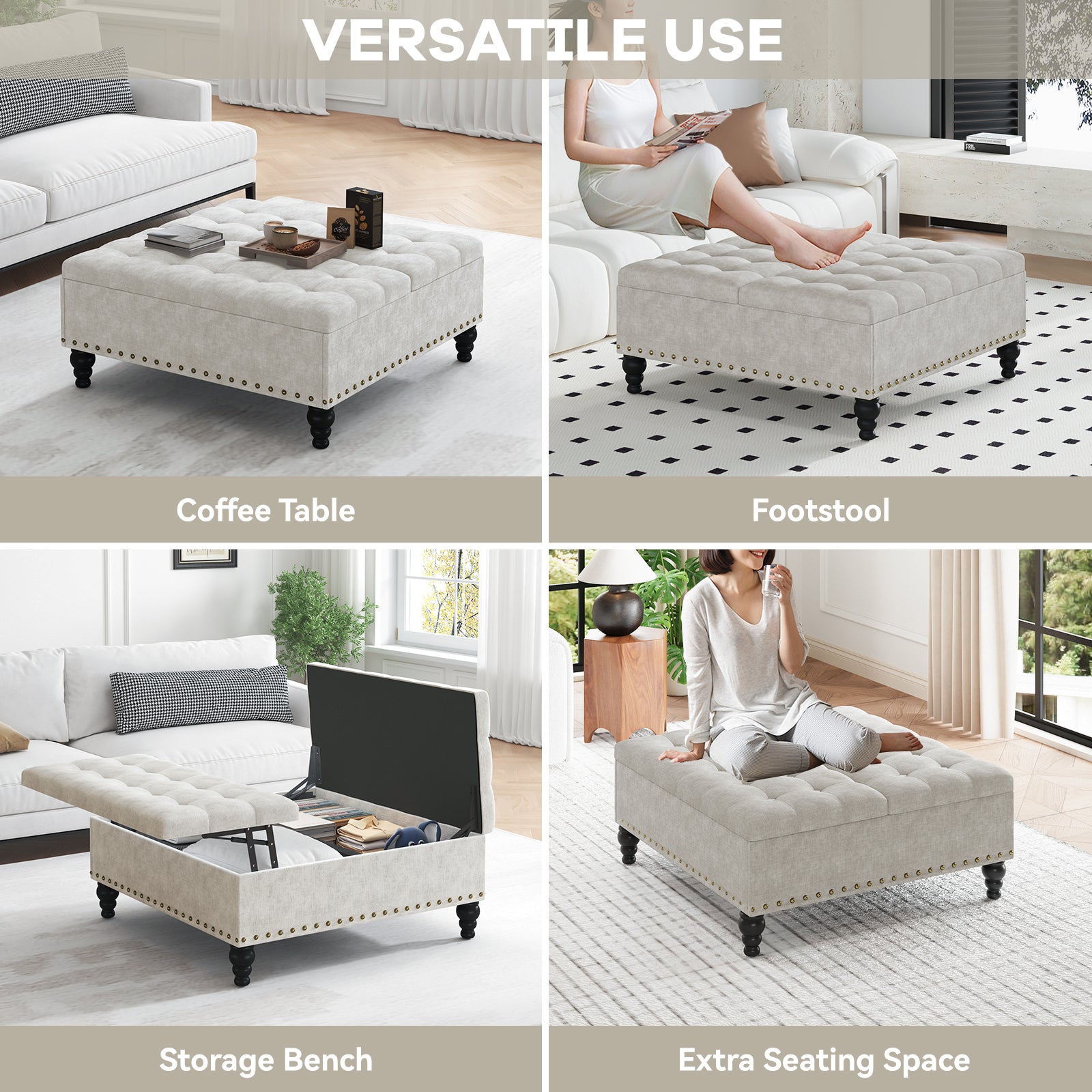 Versatile Lift-Top Ottoman, Multi-Function Storage Bench and Coffee Table in Chenille for Living Room or Bedroom, Easy-to-Assemble, Pure White