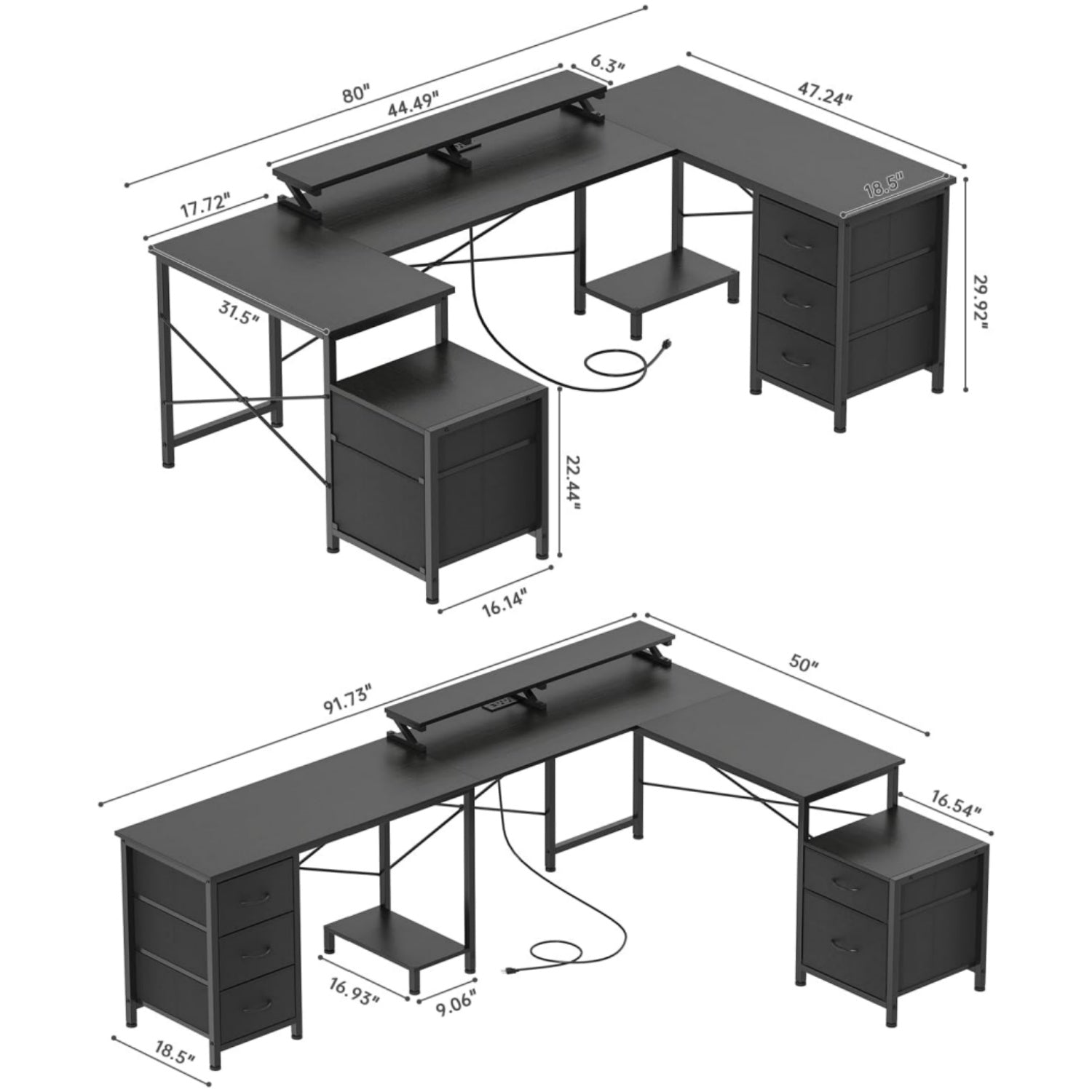 U Shaped Computer Gaming Desk, Reversible L Shaped Desk with Power Outlets & USB Ports, LED Strip & Monitor Stand, Large Corner Desk with Storage Shelves for Home Office, Black