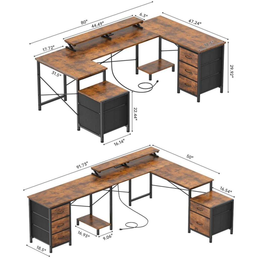 U Shaped Computer Desk, Reversible L Shaped Desk with Power Outlets & USB Ports, Corner Gaming Desk with Drawers, Home Office Desk with Storage Shelves, LED Lights, Rustic Brown