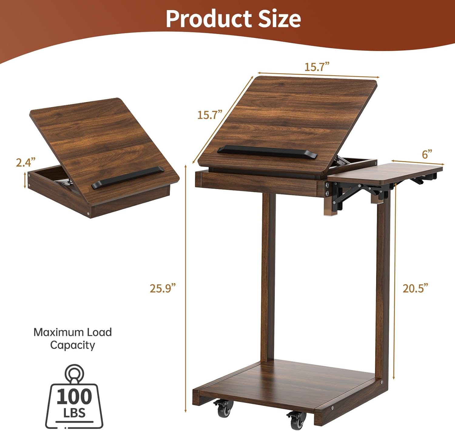 C Shaped End Table for Couch, C Side Table with Convertible Desktop, Folding Tray & Lockable Wheels, 360° Swivel TV Tray Table, Couch Tables That Slide Under, for Living Room, Bedroom, Sofa, Walnut