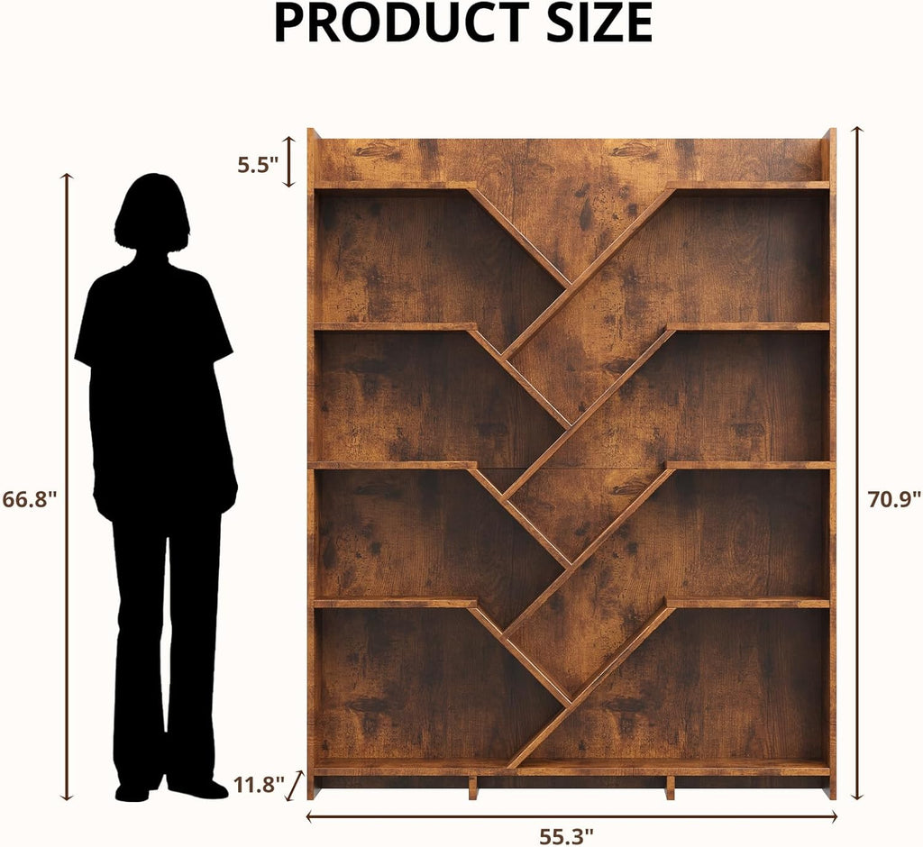 5-Tier Large Wooden Tree Bookshelf, 71" Tall Bookcase Organizer, Storage Rack with Open Shelves for Living Room, Bedroom, Home Office, Rustic Brown