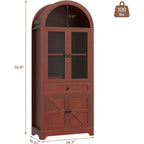 71" Tall Farmhouse Arched Storage Cabinet with Glass Door, Drawer and Barn Door, Versatile Pantry for Kitchen, Dining Room, Bathroom, Brown
