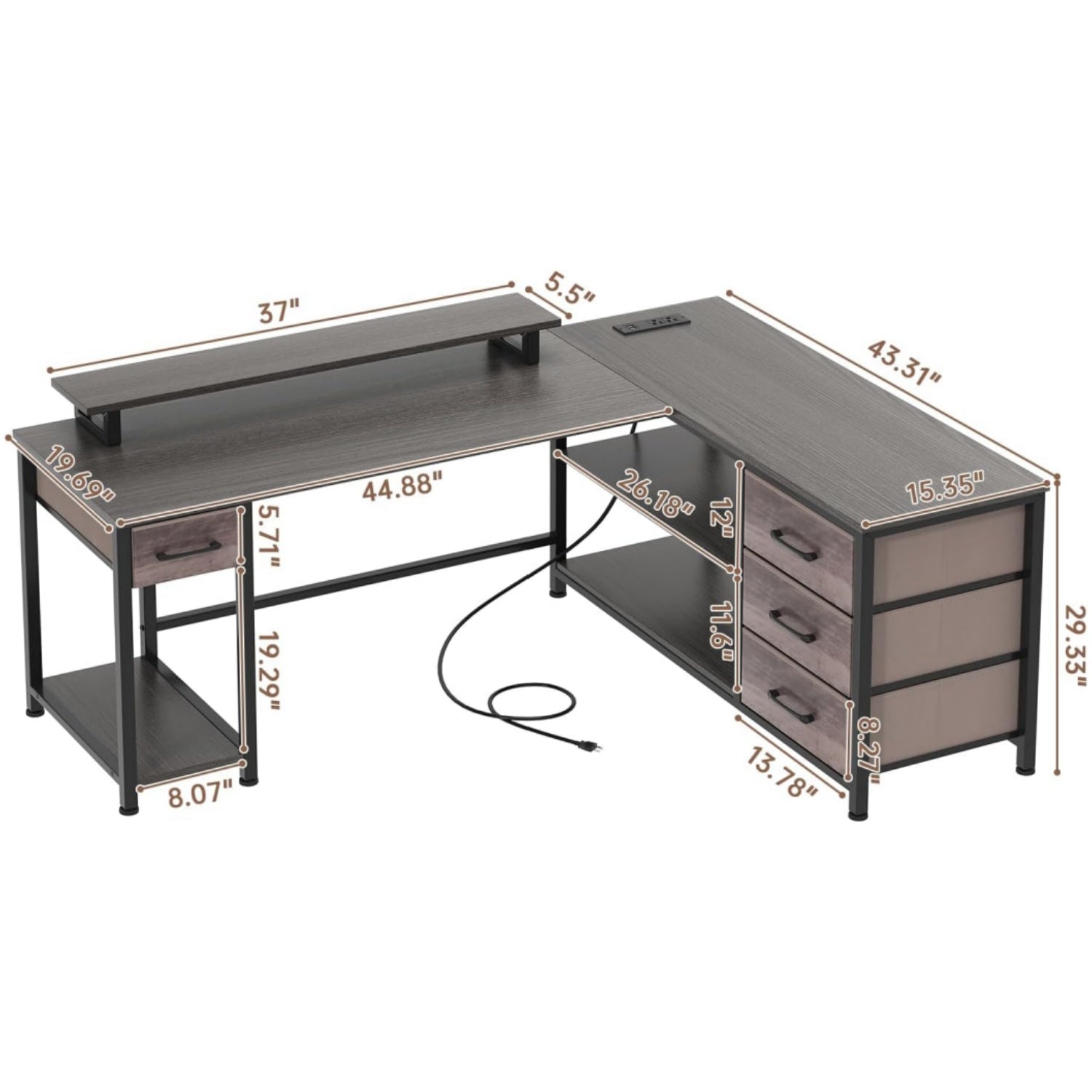 60" Corner Gamer Desk Table with Power Outlets, Reversible L Shaped Home Office Desk with Drawers, Computer Desk with Monitor Stand, LED Lights, Grey