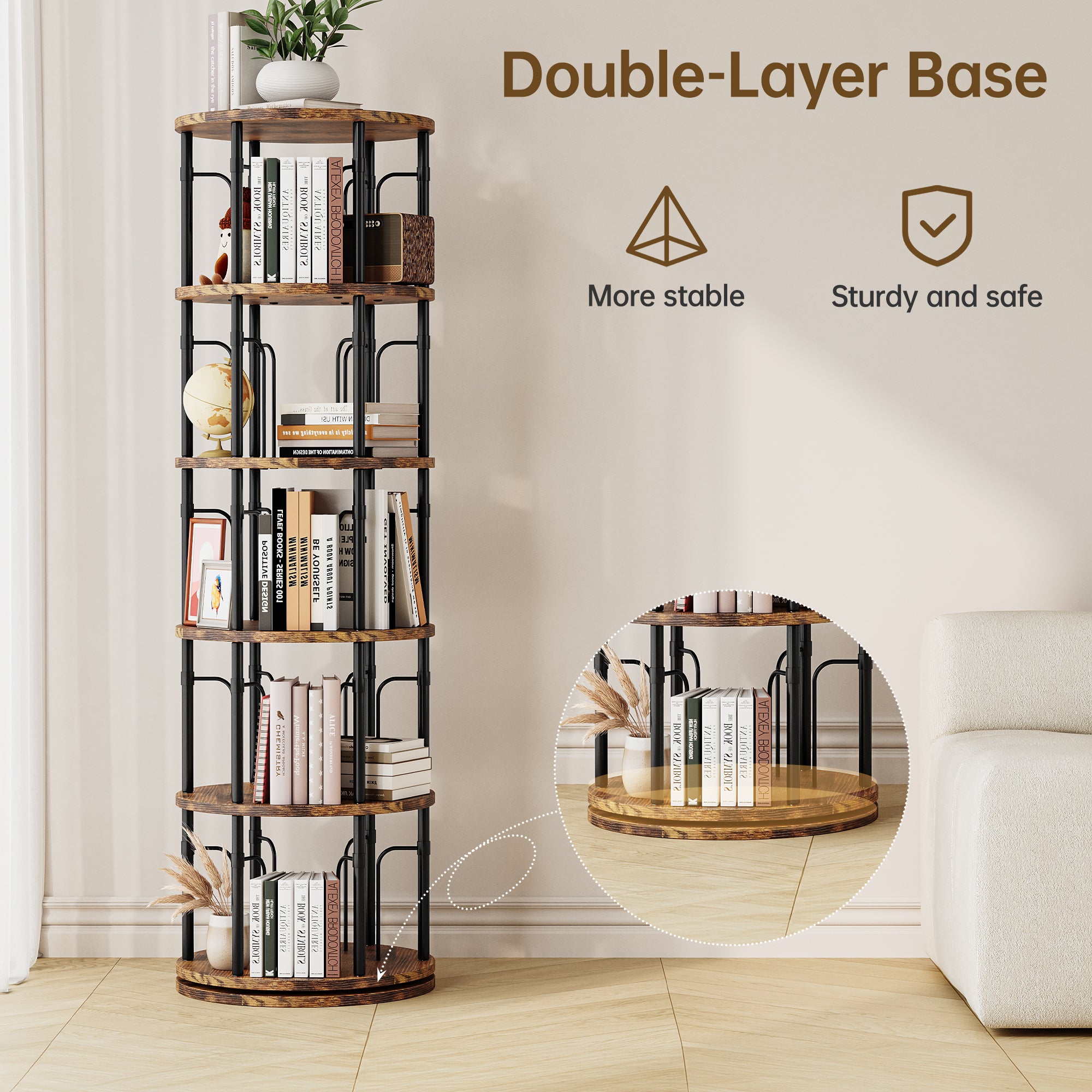 5 Tier Rotating Bookshelf Tower, 360° Spinning Bookcase, Vertical Floor Standing Revolving Bookshelf Organizer for Small Spaces, Corner, Living Room, Bedroom, Rustic Brown
