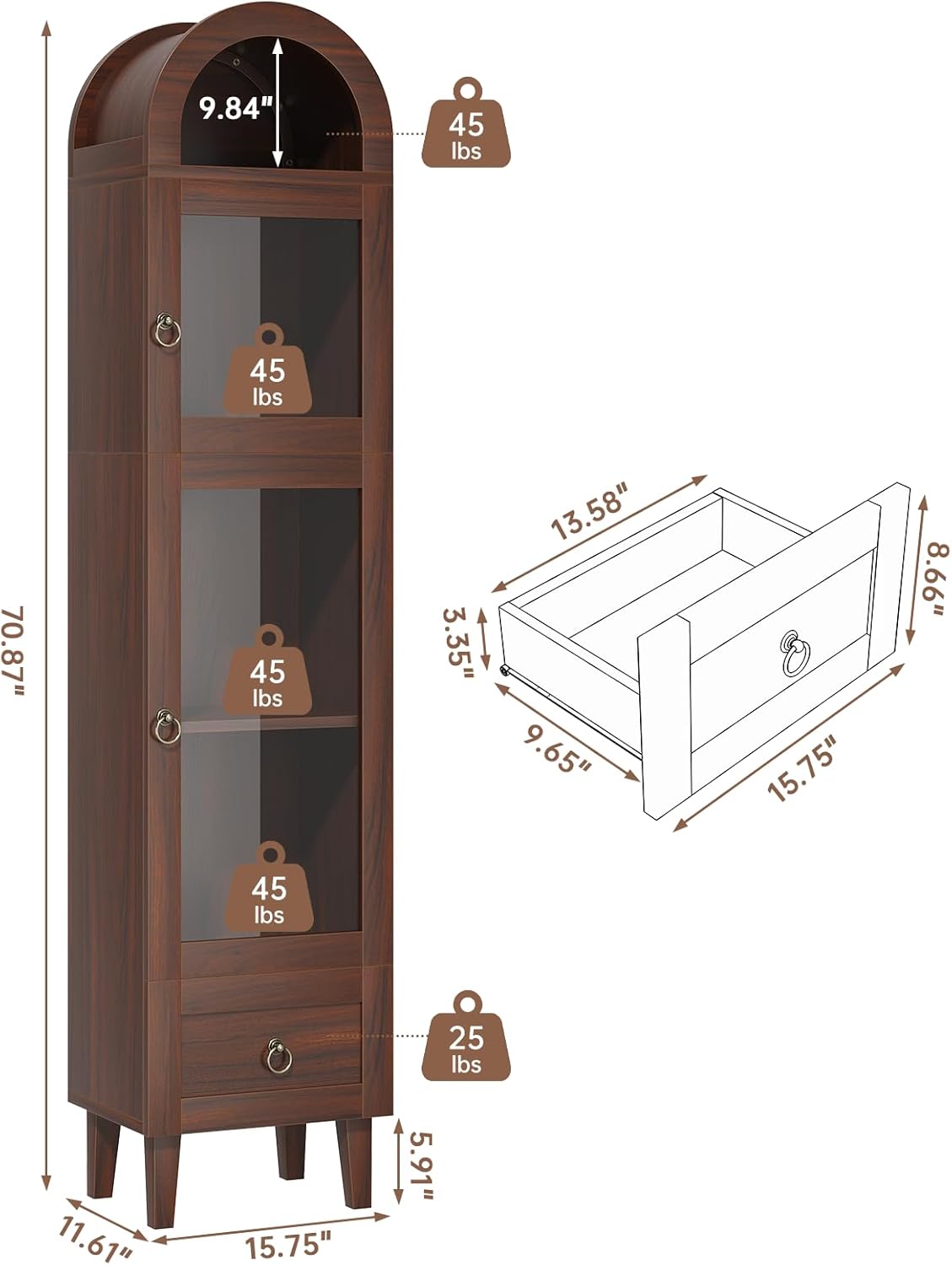 71” Tall Arched Pantry Cabinet with Glass Door, Display Cabinet Organizer with Drawer, Versatile Pantry with Top-Opening Storage Container for Living, Kitchen Dining Room, Brown