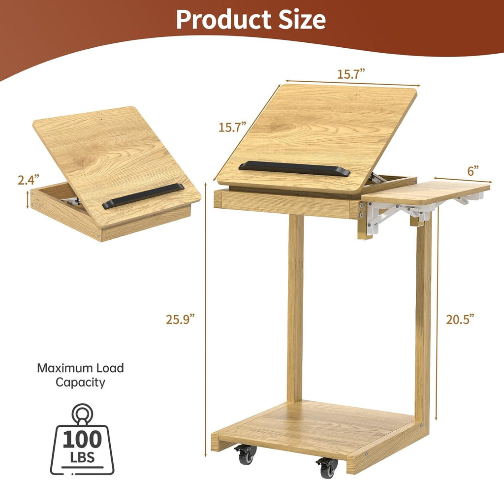 C Shaped End Table for Couch, C Side Table with Convertible Desktop, Folding Tray & Lockable Wheels, 360° Swivel TV Tray Table, Couch Tables That Slide Under, for Living Room, Bedroom, Sofa, Oak