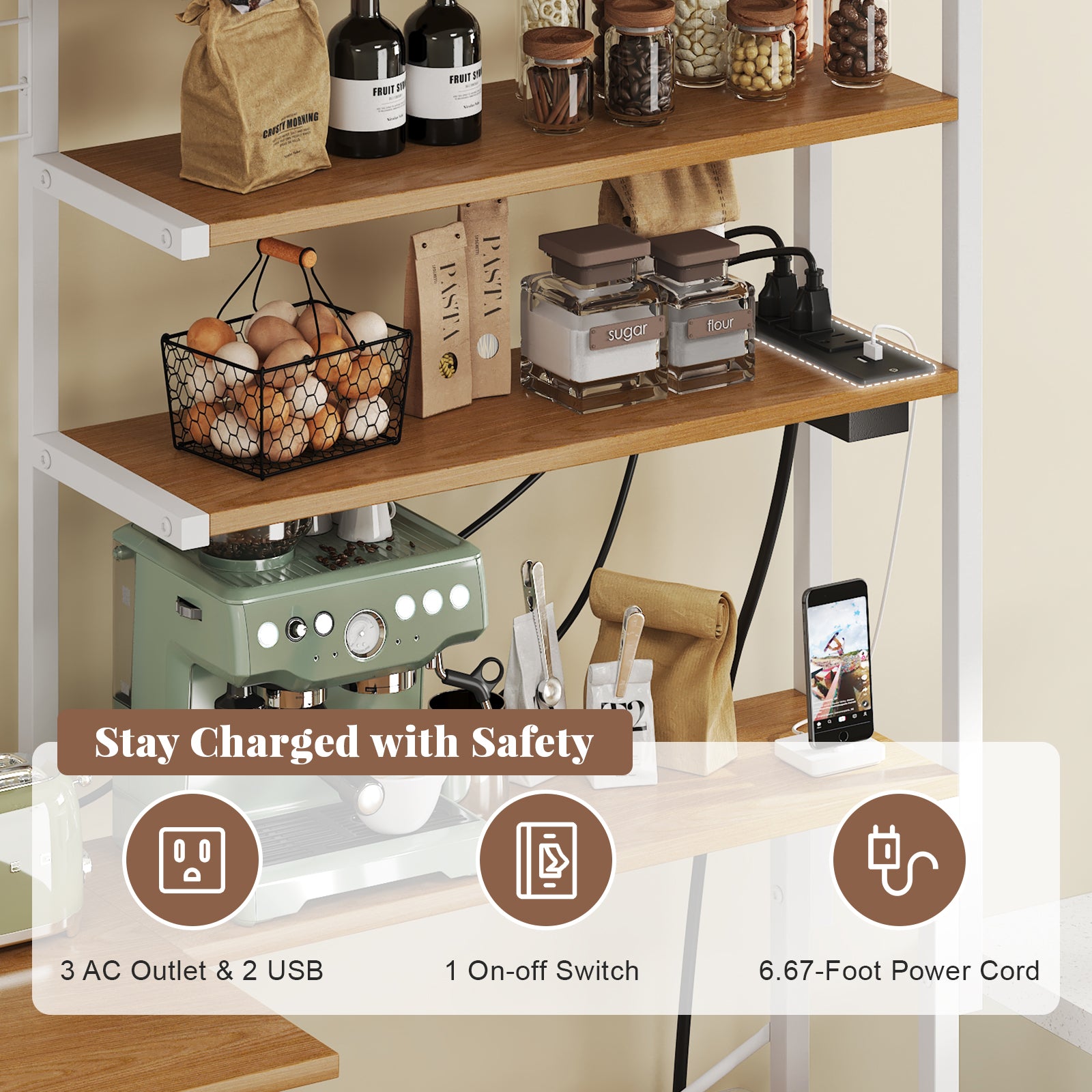 L-Shaped Bakers Rack with Power Sockets, 6-Tier Microwave Stand with Hooks, Coffee Bar with Open Storage, Mesh Grid, Kitchen Shelf with Wire Basket, White