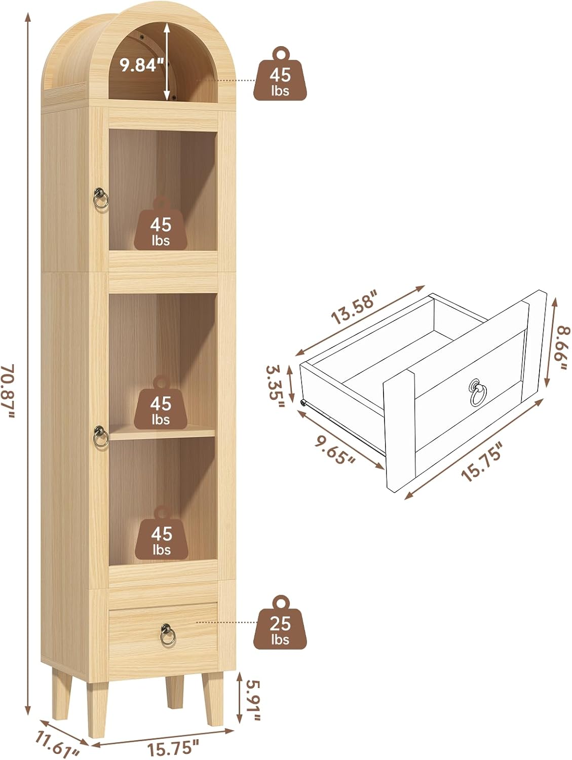 71” Tall Arched Pantry Cabinet with Glass Door, Display Cabinet Organizer with Drawer, Versatile Pantry with Top-Opening Storage Container for Living, Kitchen Dining Room, Natural