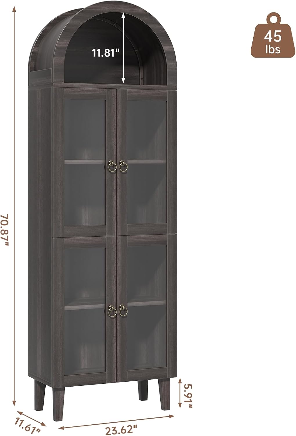 71” Tall Arched Pantry Cabinet with Glass Door, Display Cabinet Organizer, Versatile Pantry with Top-Opening Storage Container for Living, Kitchen Dining Room, Black