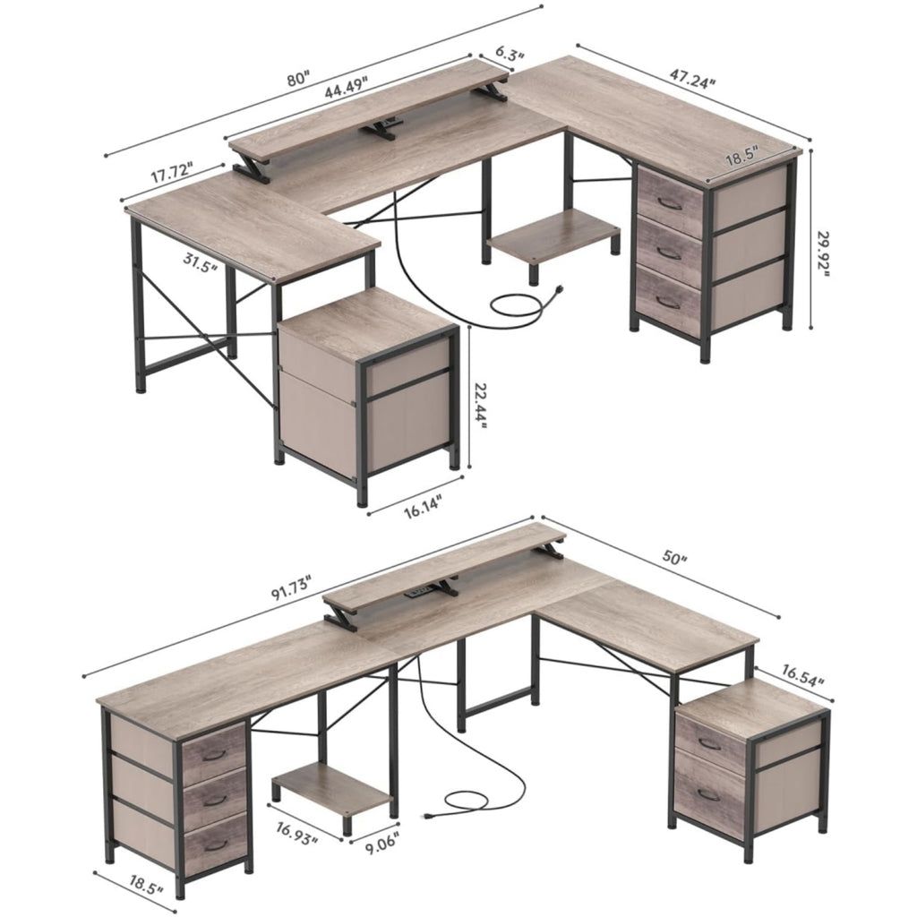 U Shaped Computer Desk, Reversible L Shaped Home Office Desk with Drawers, Monitor Stand, LED Lights, Corner Gamer Desk Table with Power Outlets & USB Ports, Grey