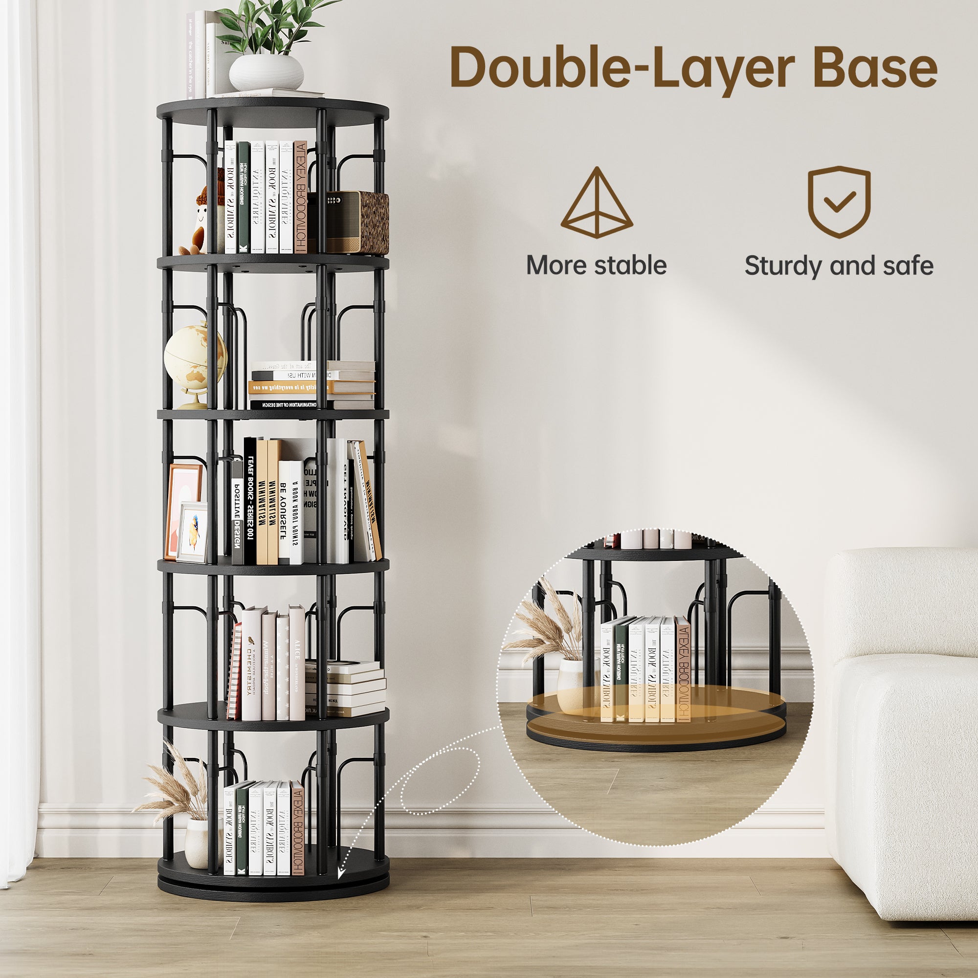 5 Tier Rotating Bookshelf Tower, 360° Spinning Bookcase, Vertical Floor Standing Revolving Bookshelf Organizer for Small Spaces, Corner, Living Room, Bedroom, Black