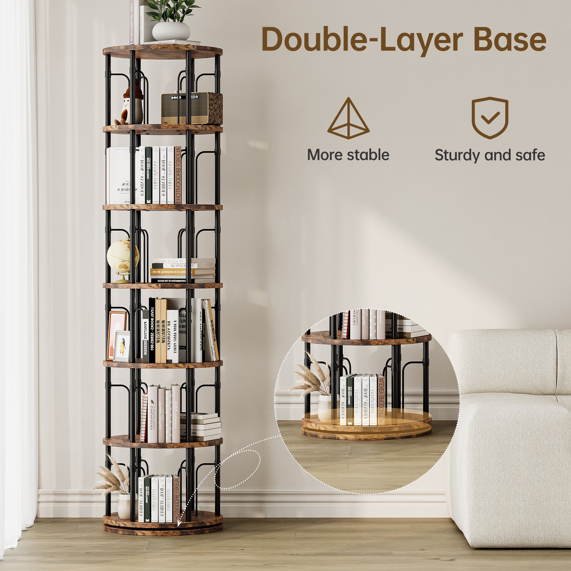 6 Tier Rotating Bookshelf Tower, 360° Spinning Bookcase, Vertical Floor Standing Revolving Bookshelf Organizer for Small Spaces, Corner, Living Room, Bedroom, Rustic Brown