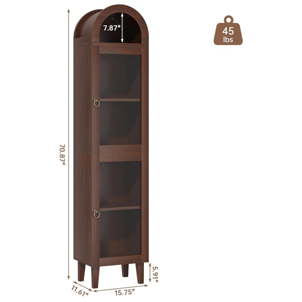 71" Tall Arched Storage Cabinet with Glass Door, Display Cabinet with Top-Opening Storage Container, Kitchen Versatile Pantry, Brown