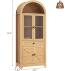 71" Tall Farmhouse Arched Storage Cabinet with Glass Door, Drawer and Barn Door, Versatile Pantry for Kitchen, Dining Room, Bathroom, Natural