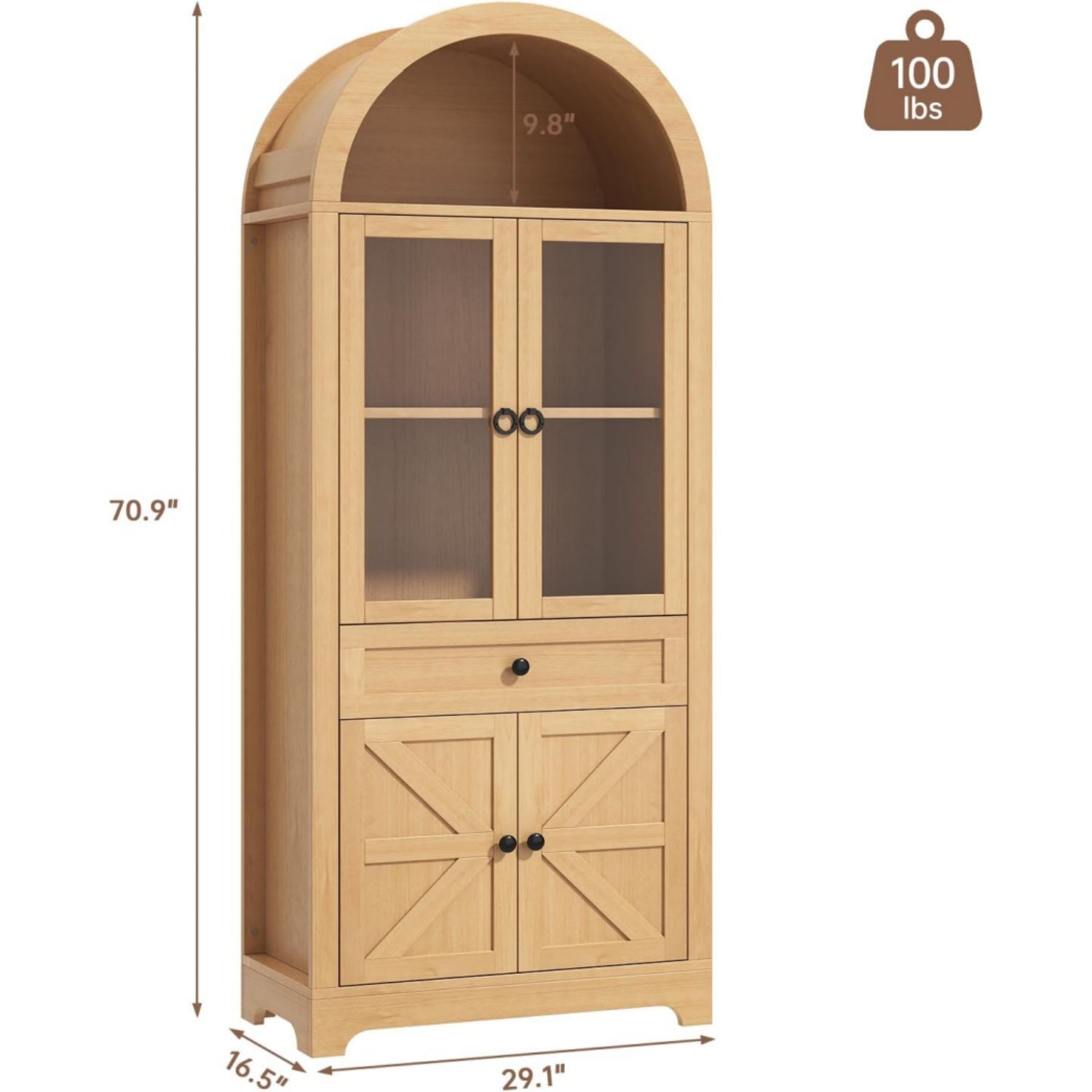 71" Tall Farmhouse Arched Storage Cabinet with Glass Door, Drawer and Barn Door, Versatile Pantry for Kitchen, Dining Room, Bathroom, Natural