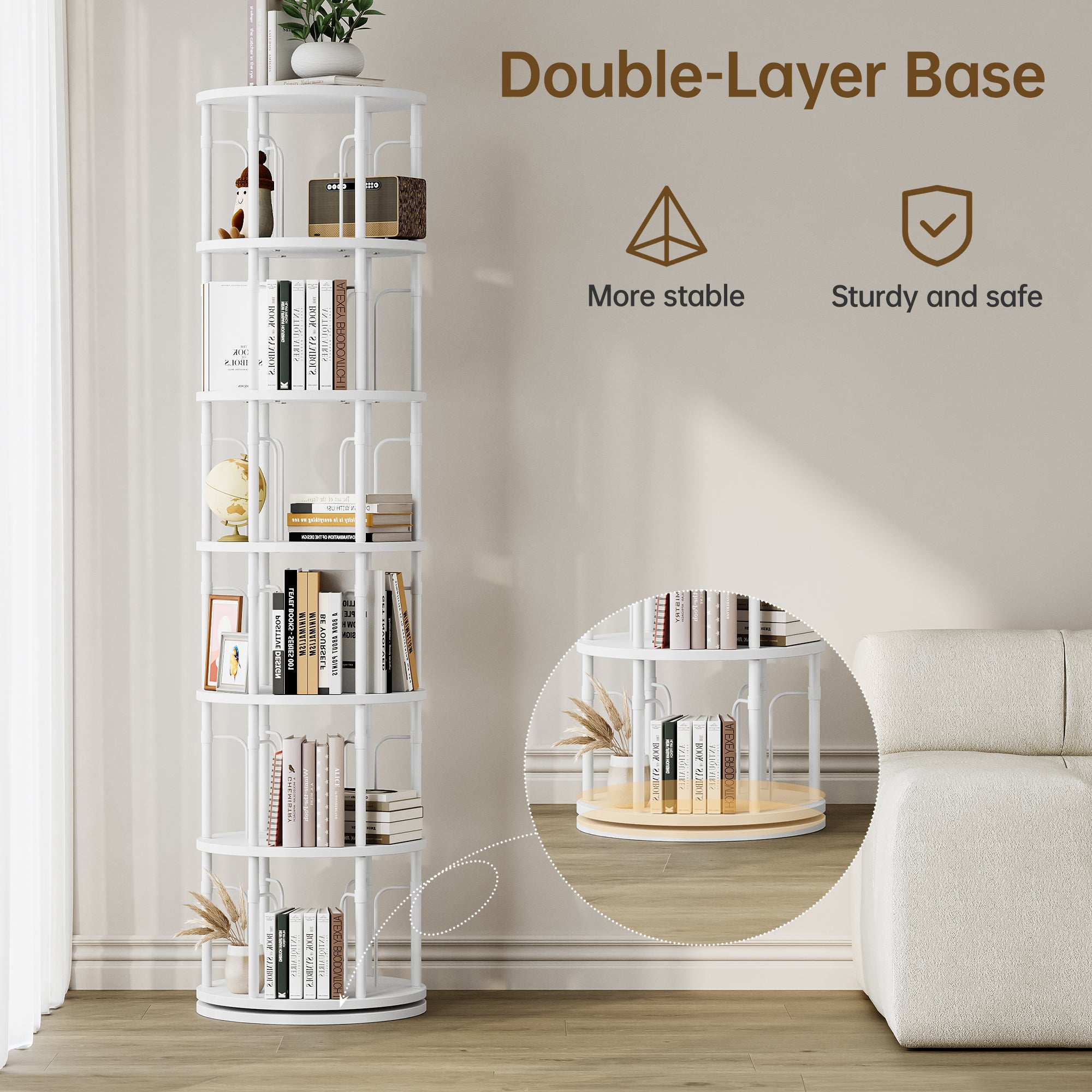 6 Tier Rotating Bookshelf Tower, 360° Spinning Bookcase, Vertical Floor Standing Revolving Bookshelf Organizer for Small Spaces, Corner, Living Room, Bedroom, White