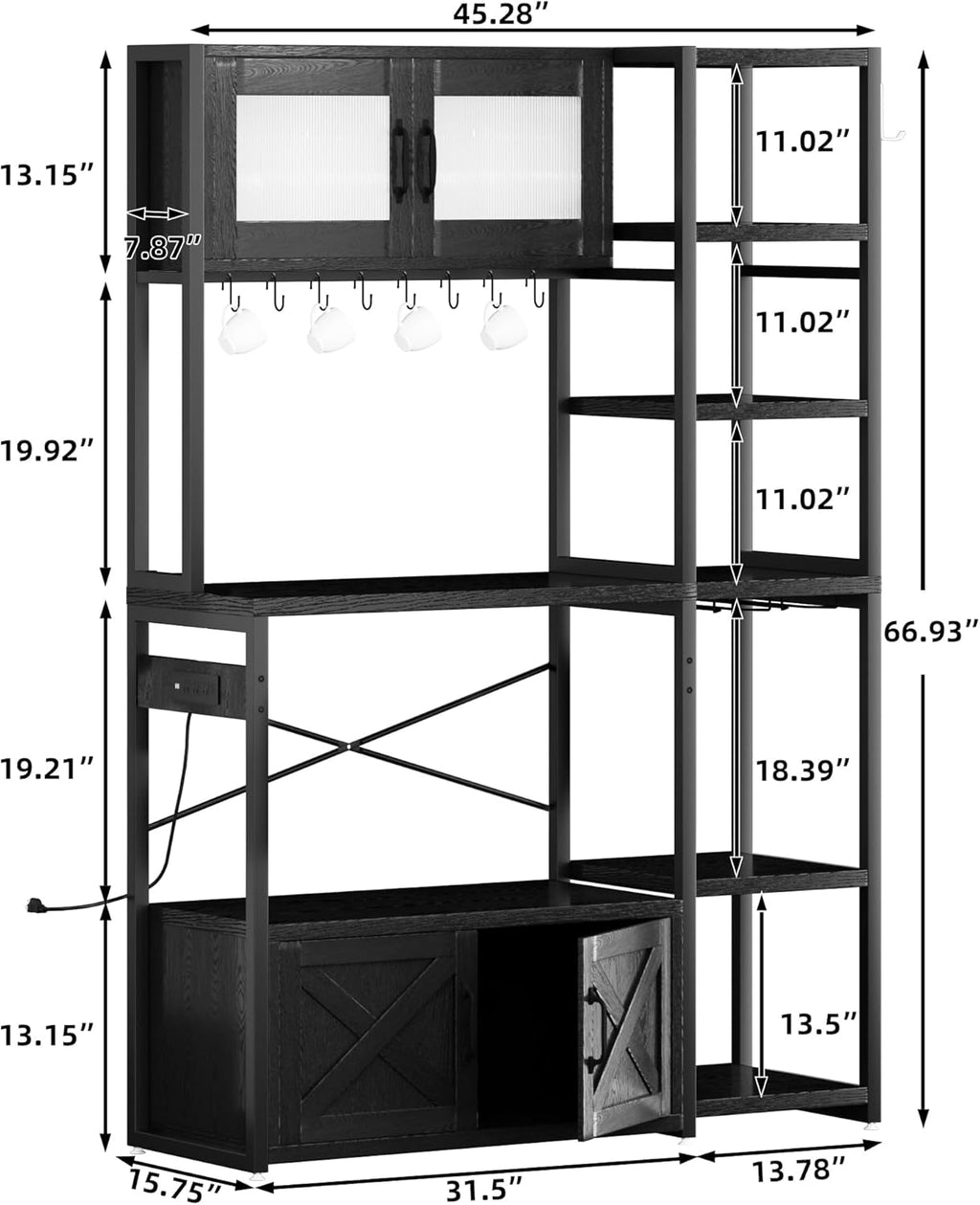 Bakers Rack with Storage Cabinet, 5-Tier Coffee Bar with Power Outlet and LED Lights, Industrial Microwave Oven Stand with Shelves, Kitchen Storage Shelf, Black