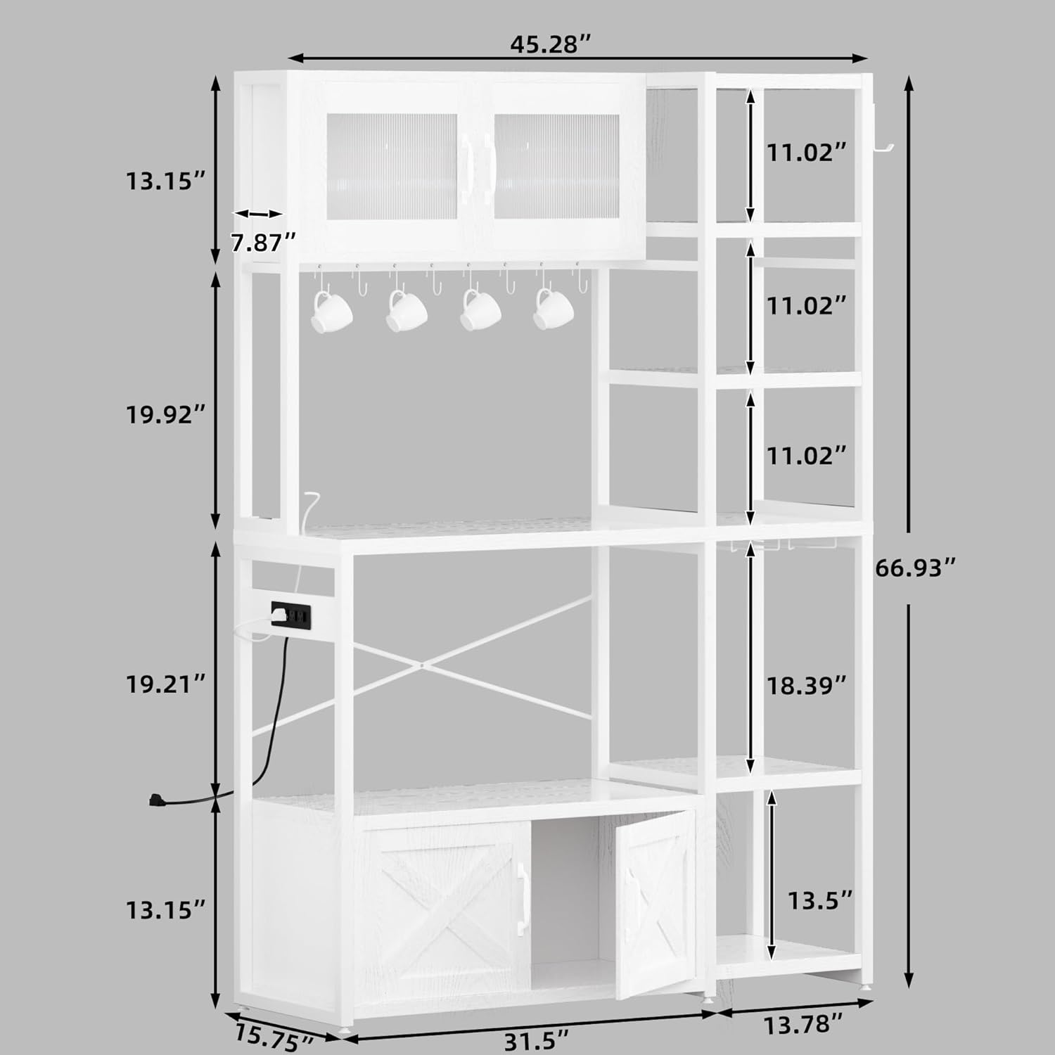 Bakers Rack with Storage Cabinet, 5-Tier Coffee Bar with Power Outlet and LED Lights, Industrial Microwave Oven Stand with Shelves, Kitchen Storage Shelf, White